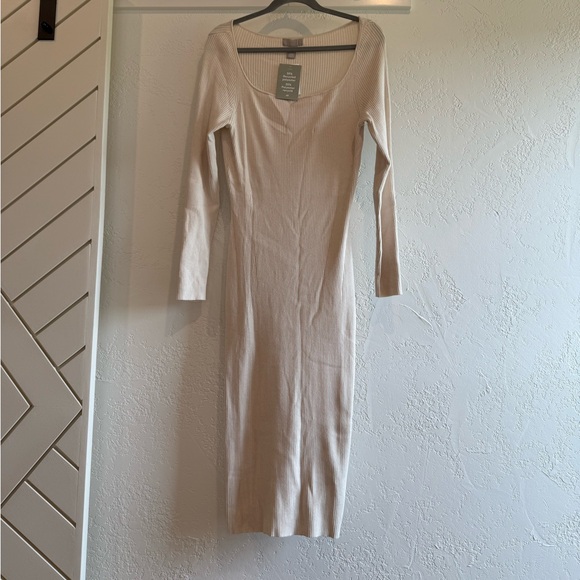 H&M | Dresses | Hm Cream Long Sleeve Ribbed Bodycon Knit Dress Size Large |  Poshmark
